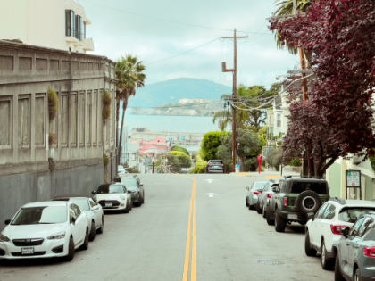 Down a San Francisco hill toward Alcatraz